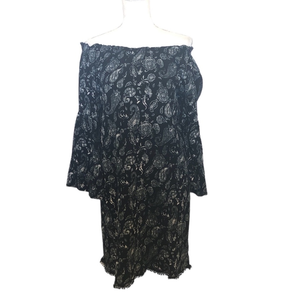 Knox Rose Dress boho black XL paisley off-the-shoulder bell sleeve silhouette - Picture 2 of 11